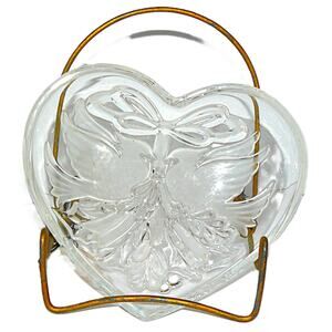 Heart-Shaped Clear Glass Bowl Cardinals & Ribbon Design Vintage Home Decor 7"